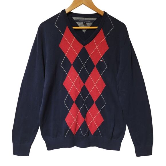 Argyle Grampa Sweater Y2K Preppy Dark Academia V-Neck‎ Red & Blue Retro Men's L - Picture 1 of 6